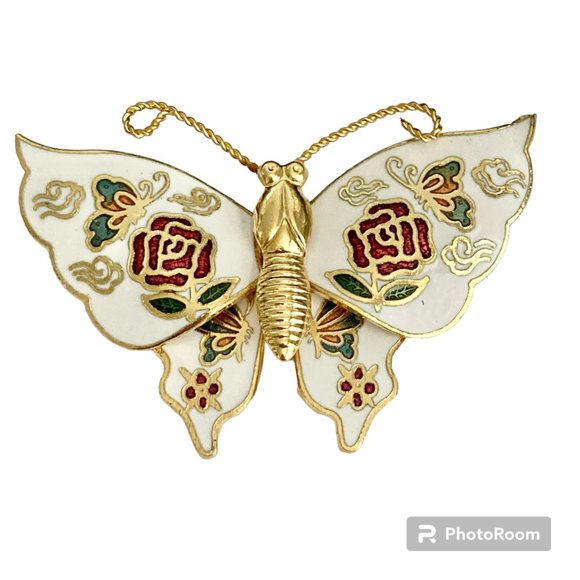 Vintage Cloisonne Butterfly Brooch Pin Flowers White Enamel Gold Plated Taiwan - Picture 1 of 12